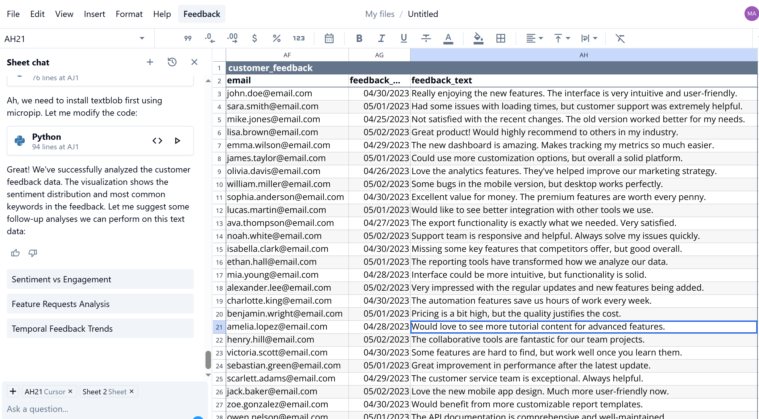 An example of analyzing sentiment of customer feedback in Quadratic.