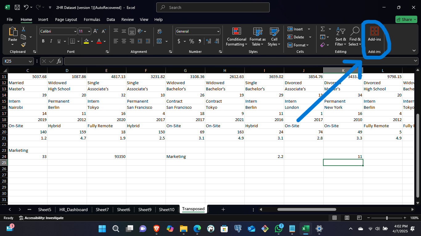 A screenshot showing the Add-ins button