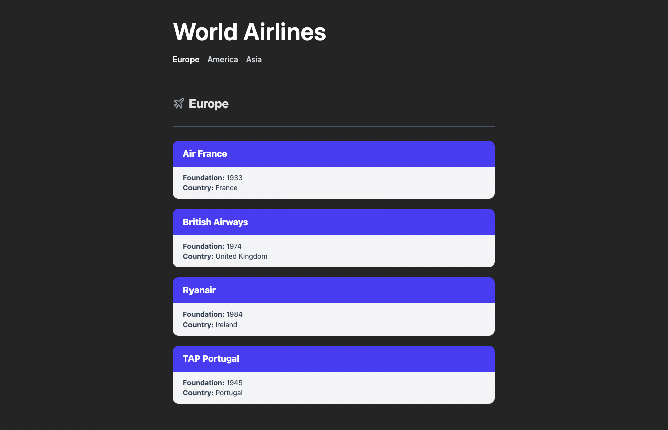 Screenshot of the project page showing a list of European Airlines. Each airline is a different card containing name, foundation and country