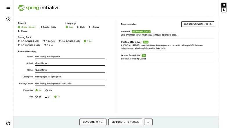 Quartz Scheduler setup, integration with Spring Boot, deploy using kubernates, a simple Hands-on