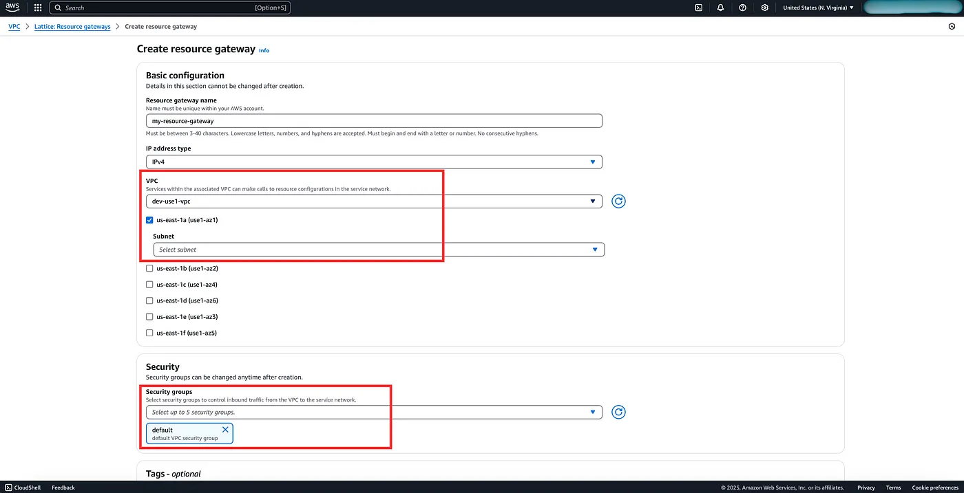 Configure the Resource Gateway to access private subnet resources via security group