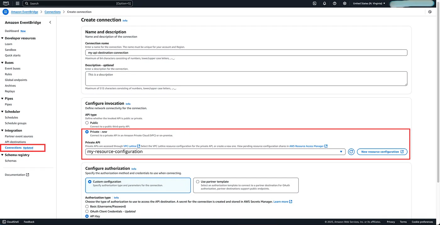 Configure invocation as Private API in the API destination connection