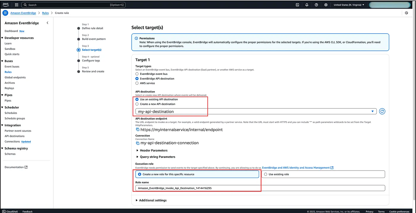 Adding API destination as the target in the Event rule