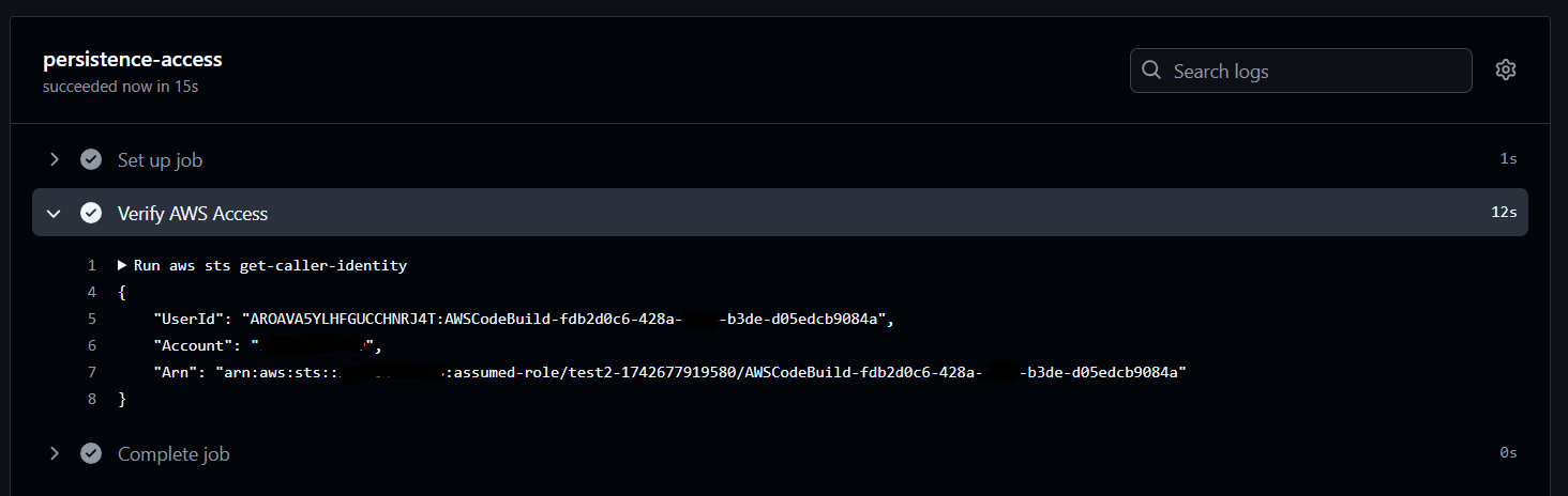 Figure 8. Logs from the GitHub action that has access to the AWS environment