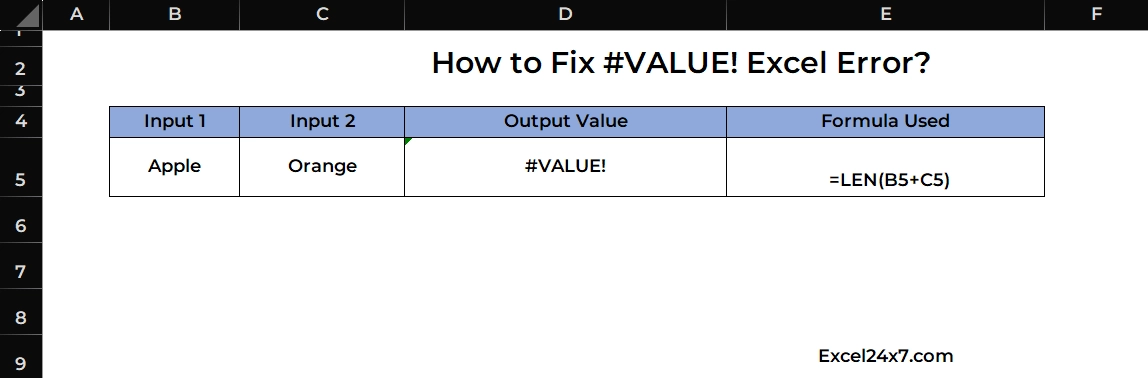 Using LEN Function as Example to display #VALUE! error in Excel.