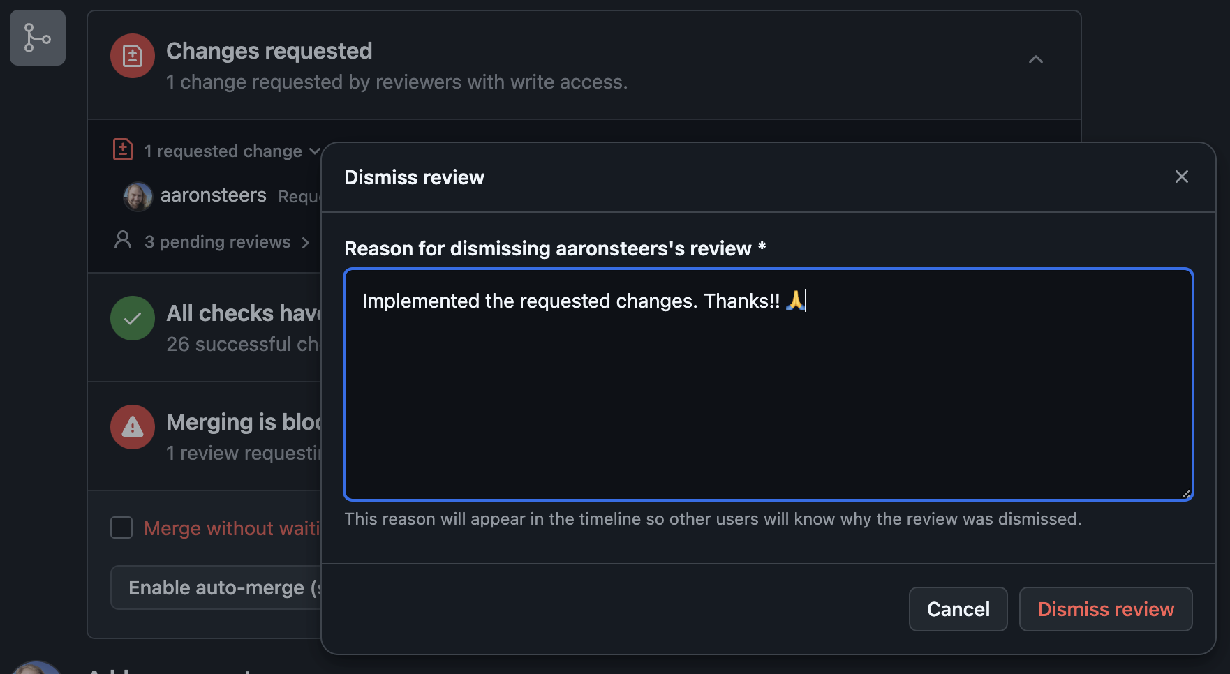 Screenshot: providing reason to dismiss