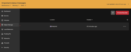 Hetzner Object Storage dashboard with Create Bucket button highlighted