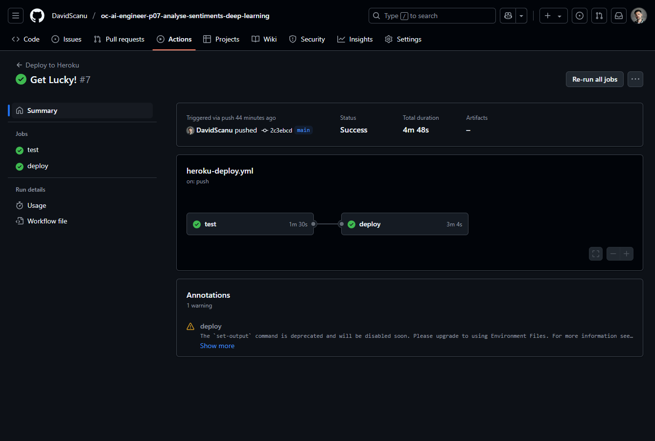 Capture d'écran d'un run GitHub Actions