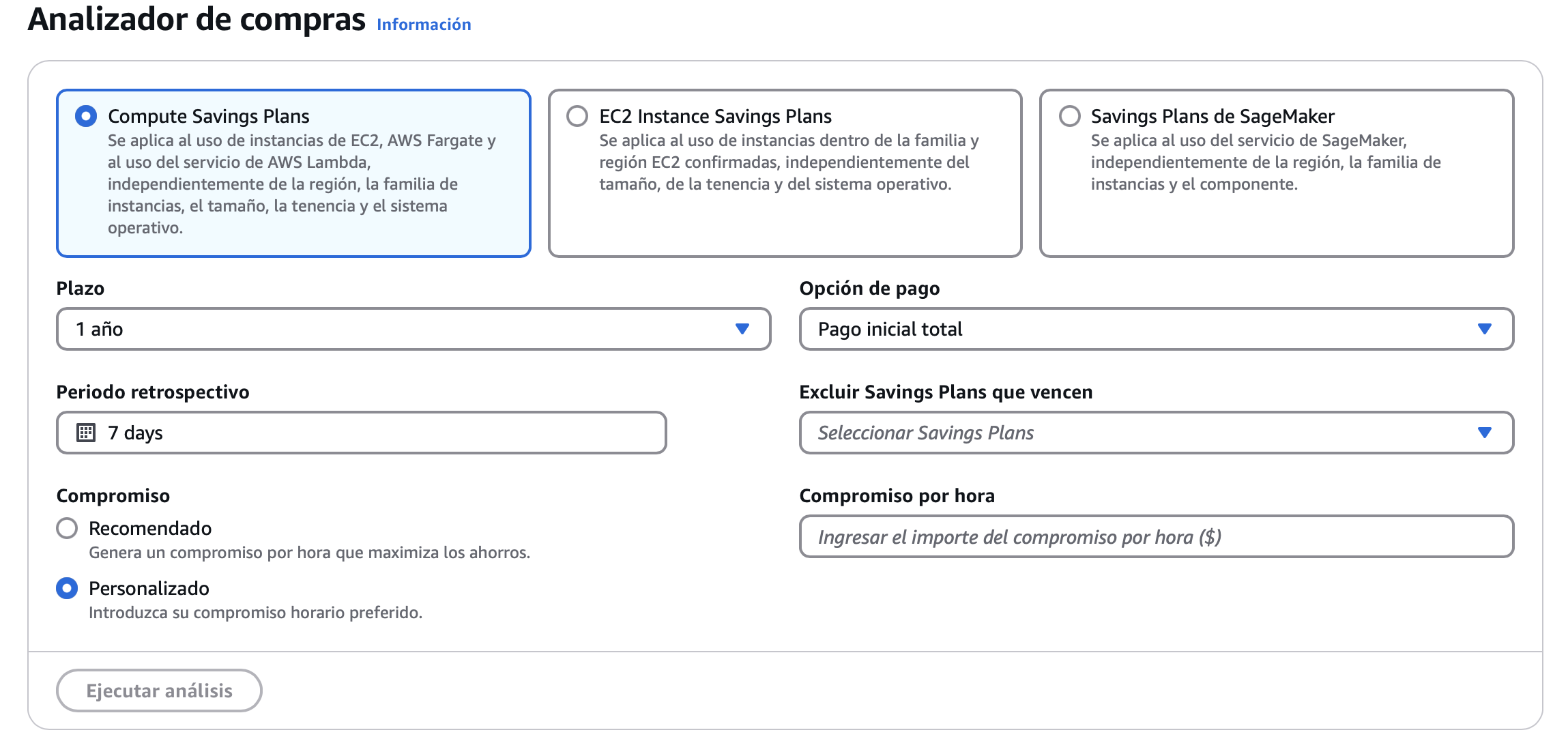 Opciones de Saving Plan Purchase Analyzer