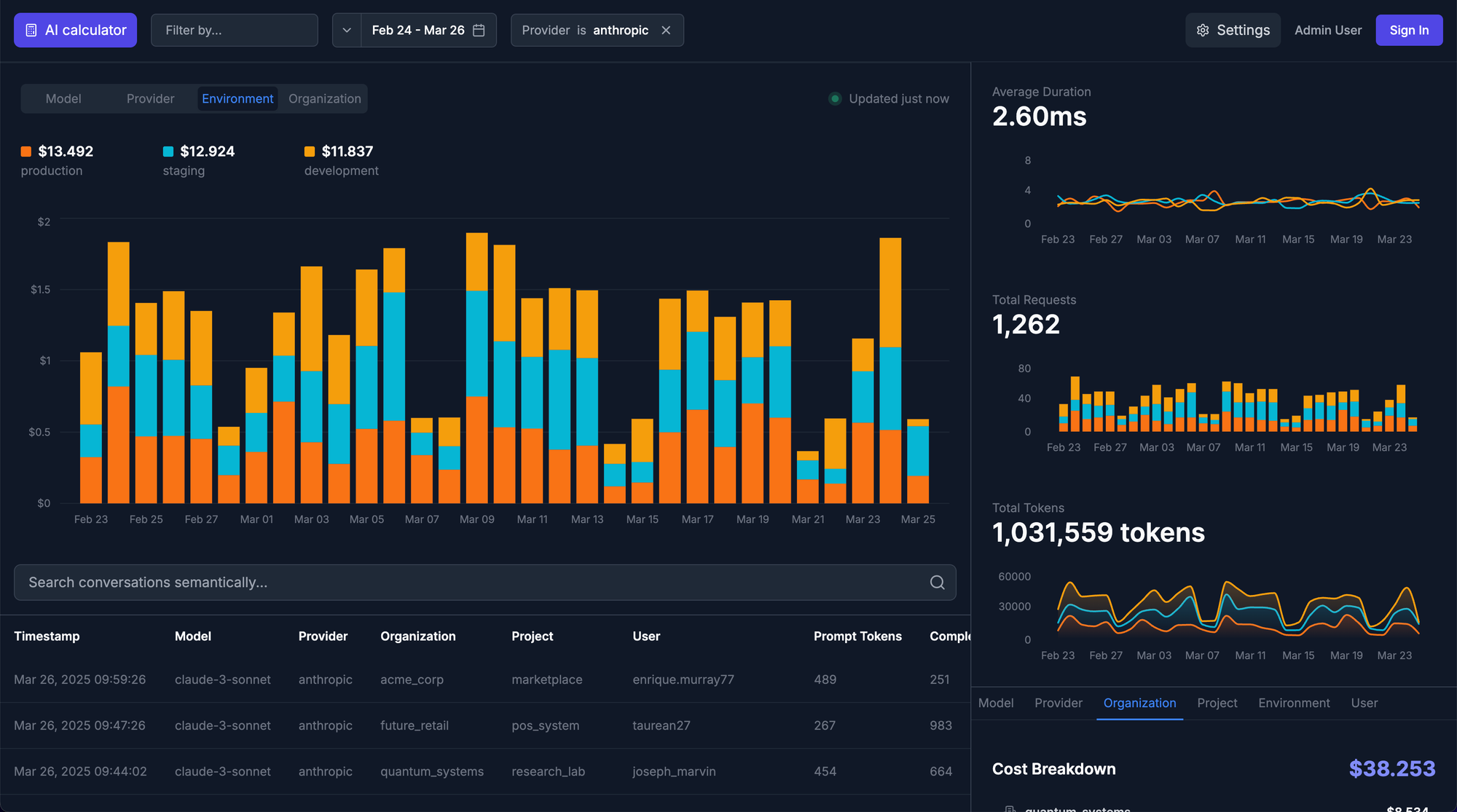 A screenshot of the Tinybird AI Analytics web app