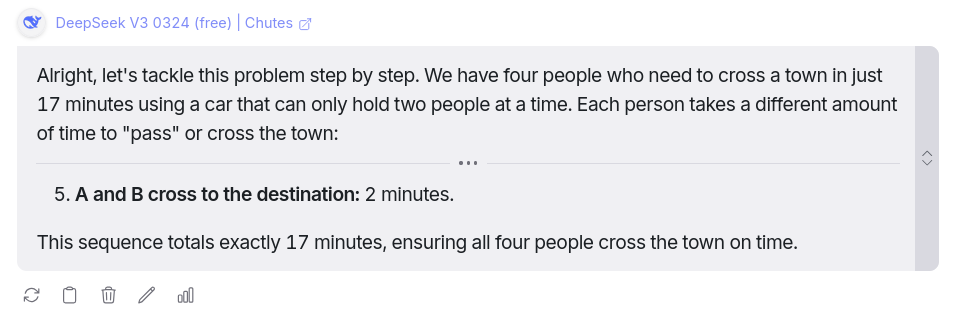 Reasoning question response from DeepSeek v3 0324 AI Model