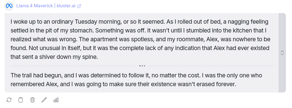Creative writing question response from llama 4 Maverick AI Model