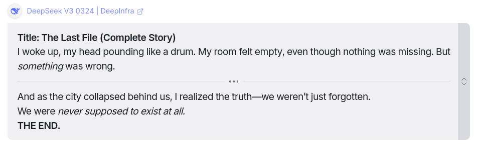 Creative writing question response from DeepSeek v3 0324 AI Model