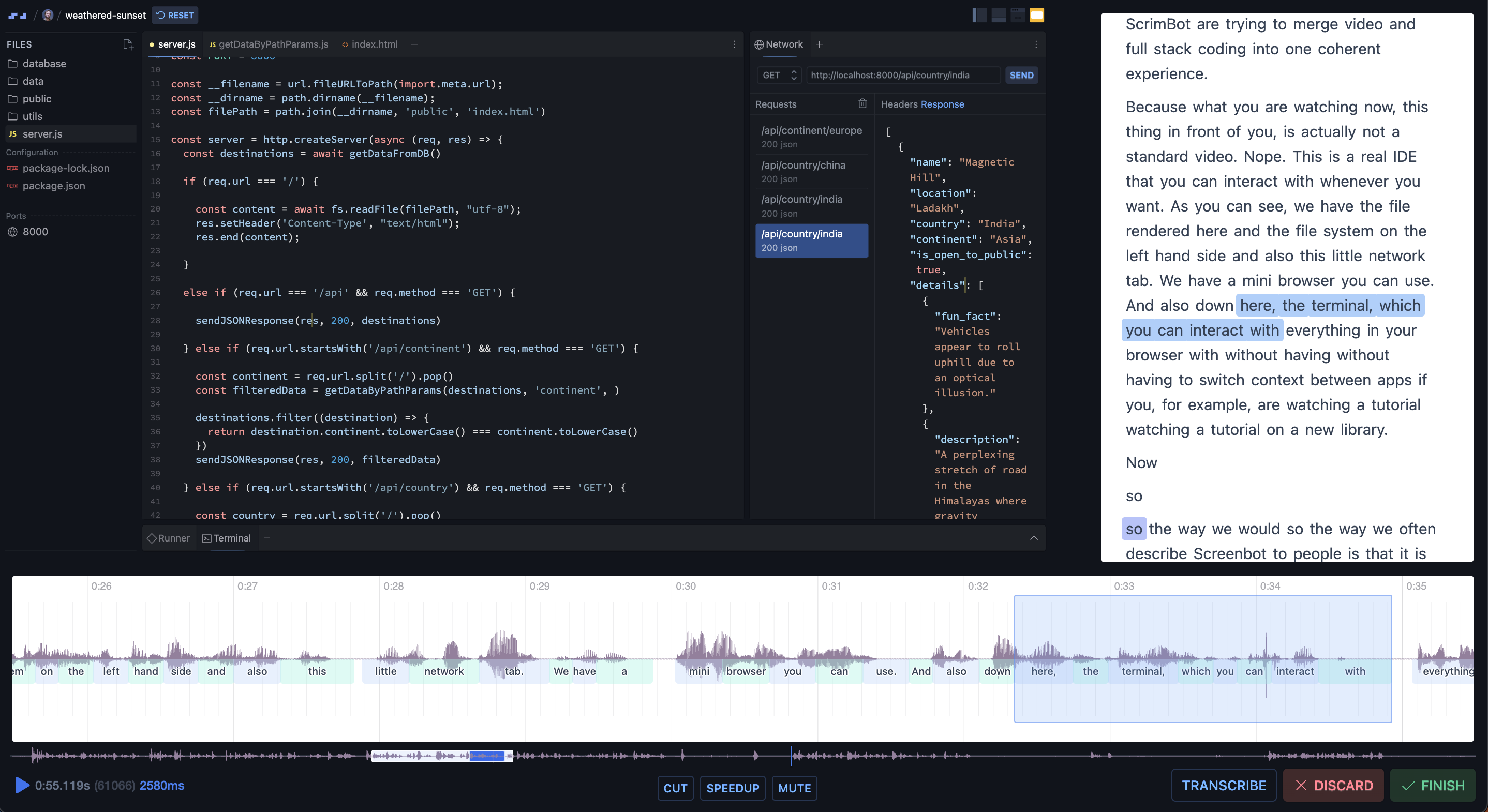 The timeline editing interface on Scrimba
