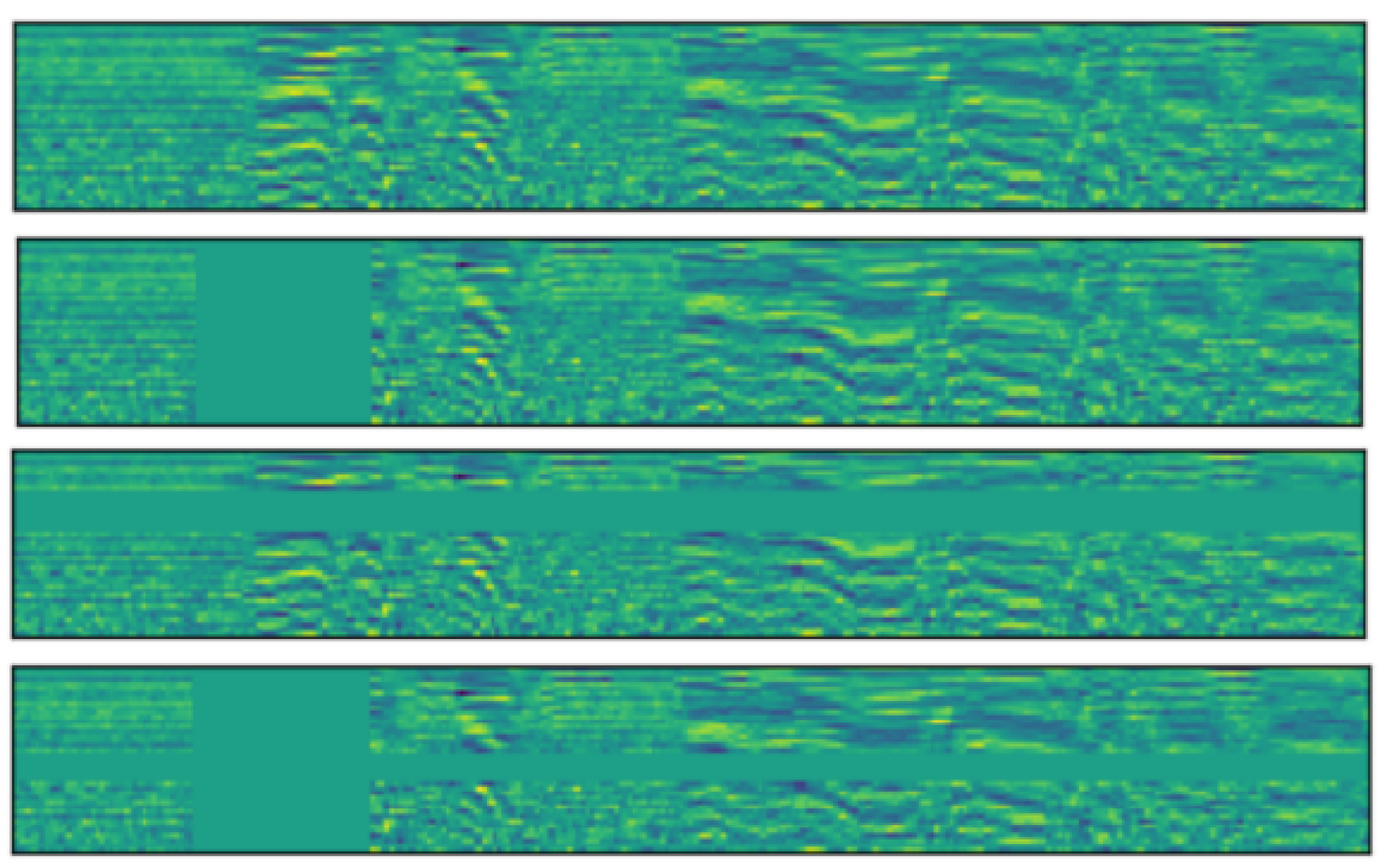SpecAugment visualization. From top to bottom, the figures show the spectrogram of the input audio with no data augmentation, time masking, frequency masking and both masking applied.