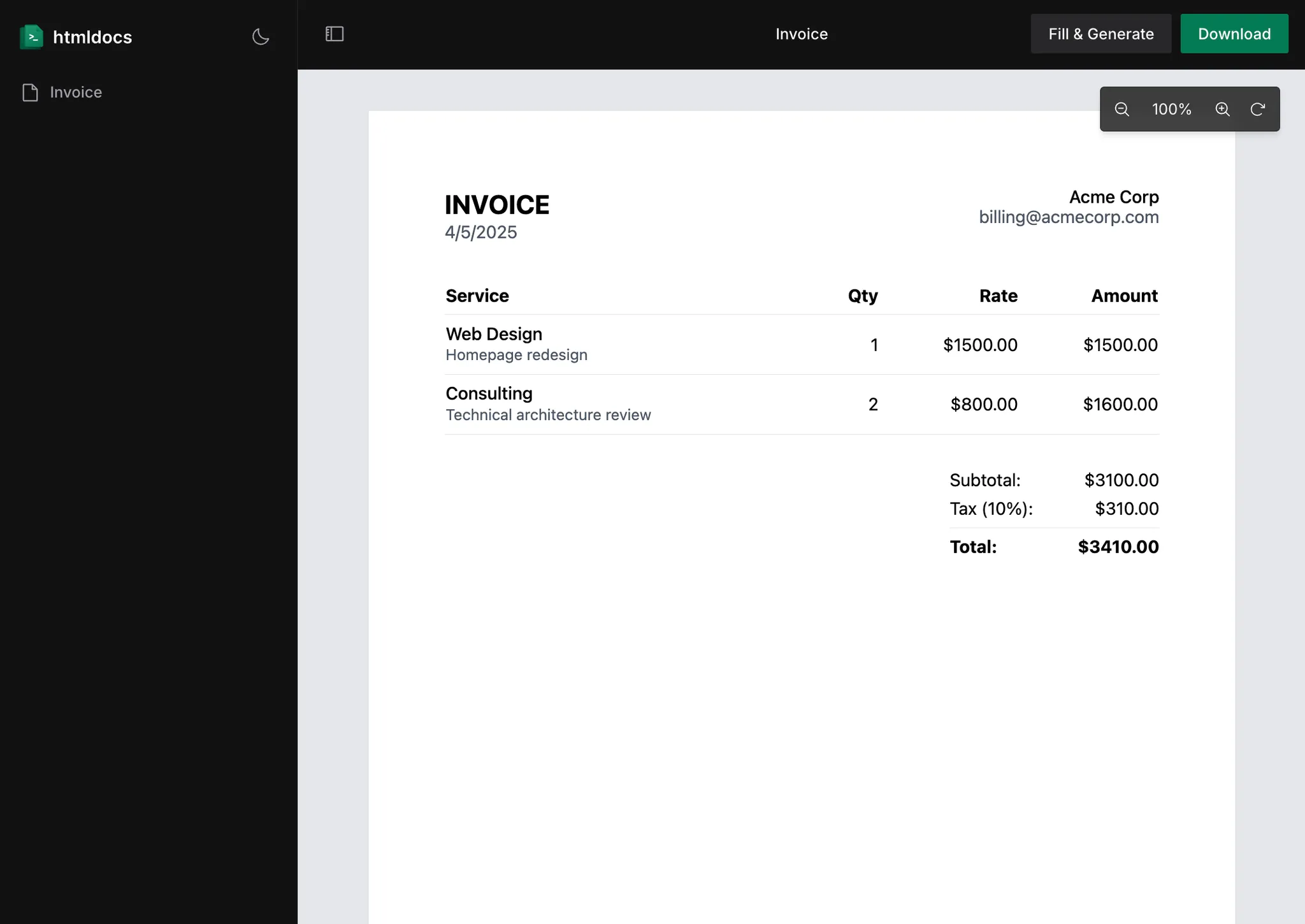 React invoice template
