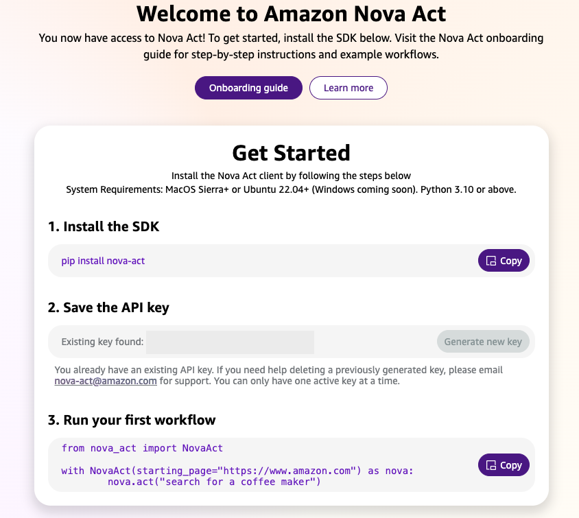 Screenshot of the Nova Act SDK Setup Screen