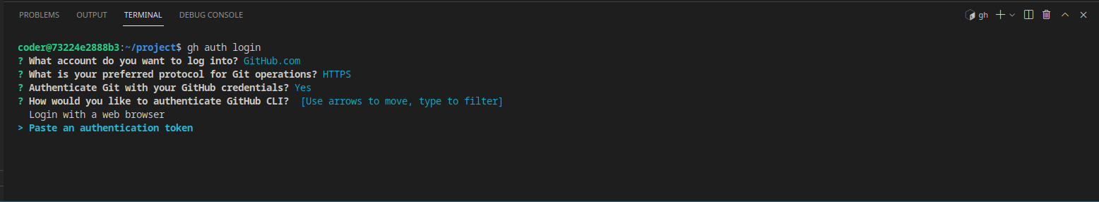 terminal view showing step-by-step process of login using gh auth login command of github cli tool