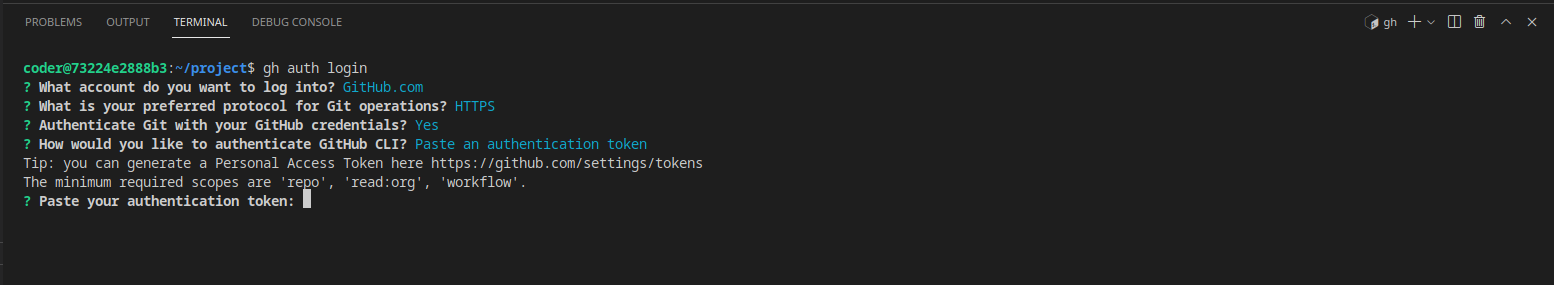 terminal view showing step-by-step process of login using gh auth login command of github cli tool