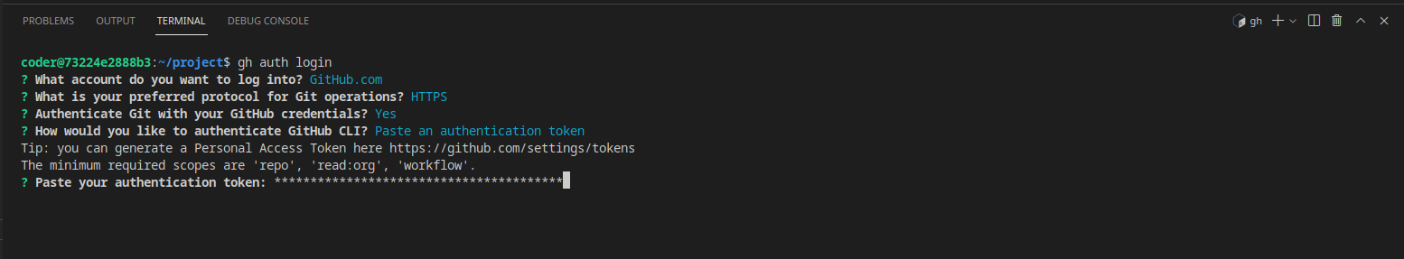 terminal view showing step-by-step process of login using gh auth login command of github cli tool