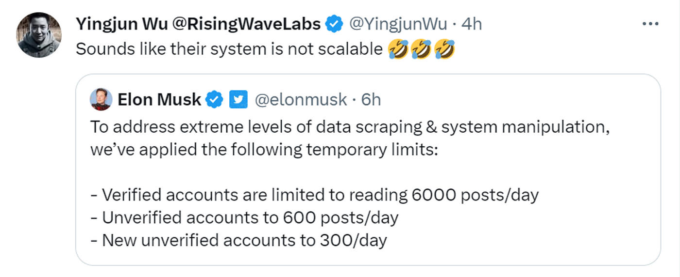 Elon Musk, CEO of Twitter, announced temporary rate limits on all Twitter users.