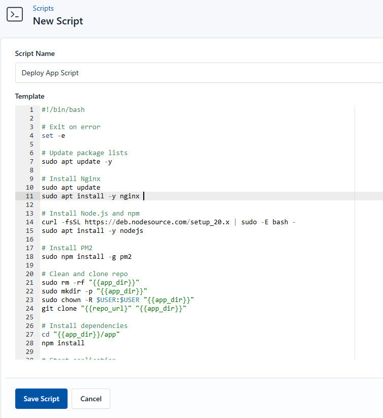 Screenshot of adding a new deployment script