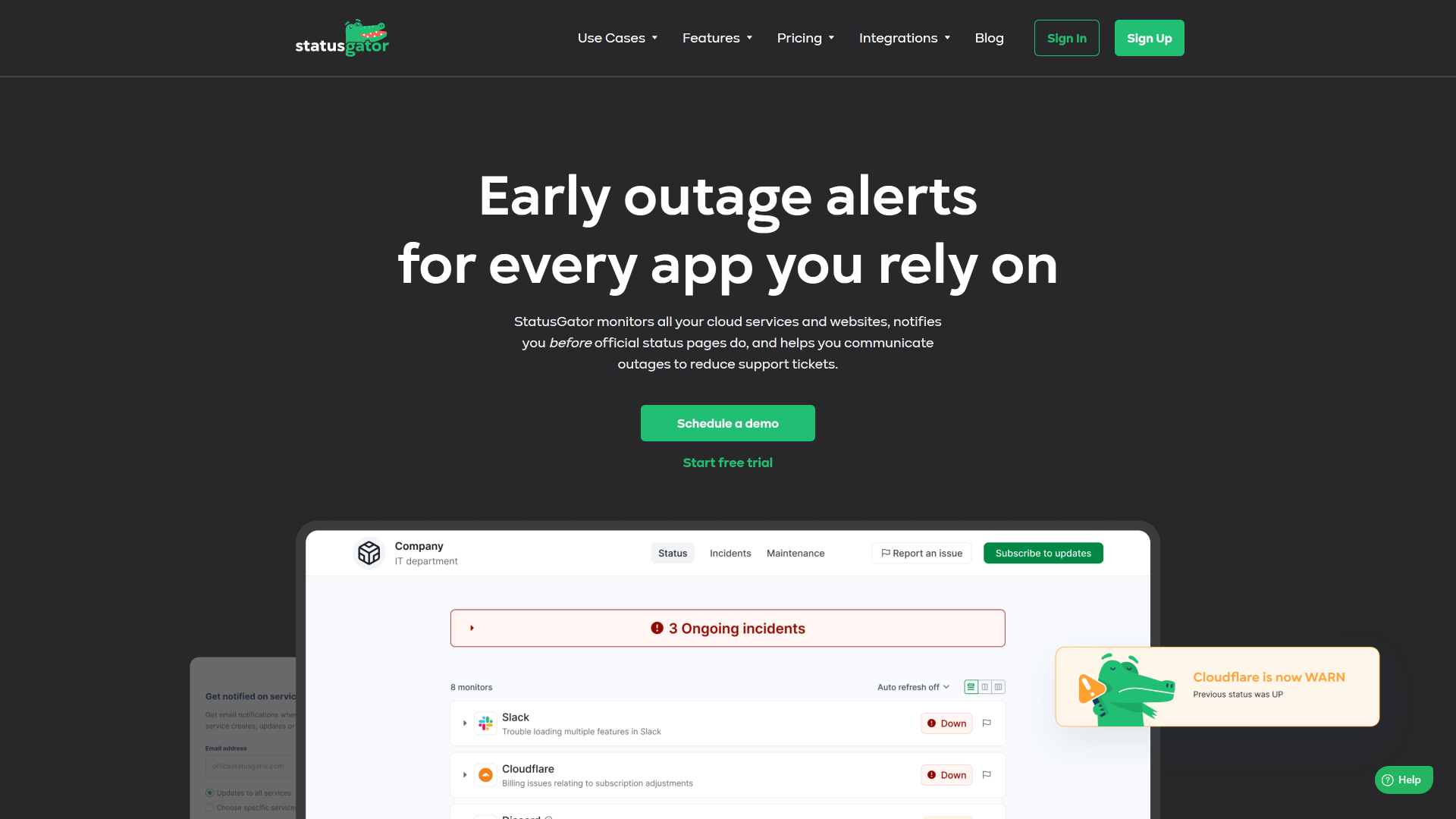Home page of StatusGator