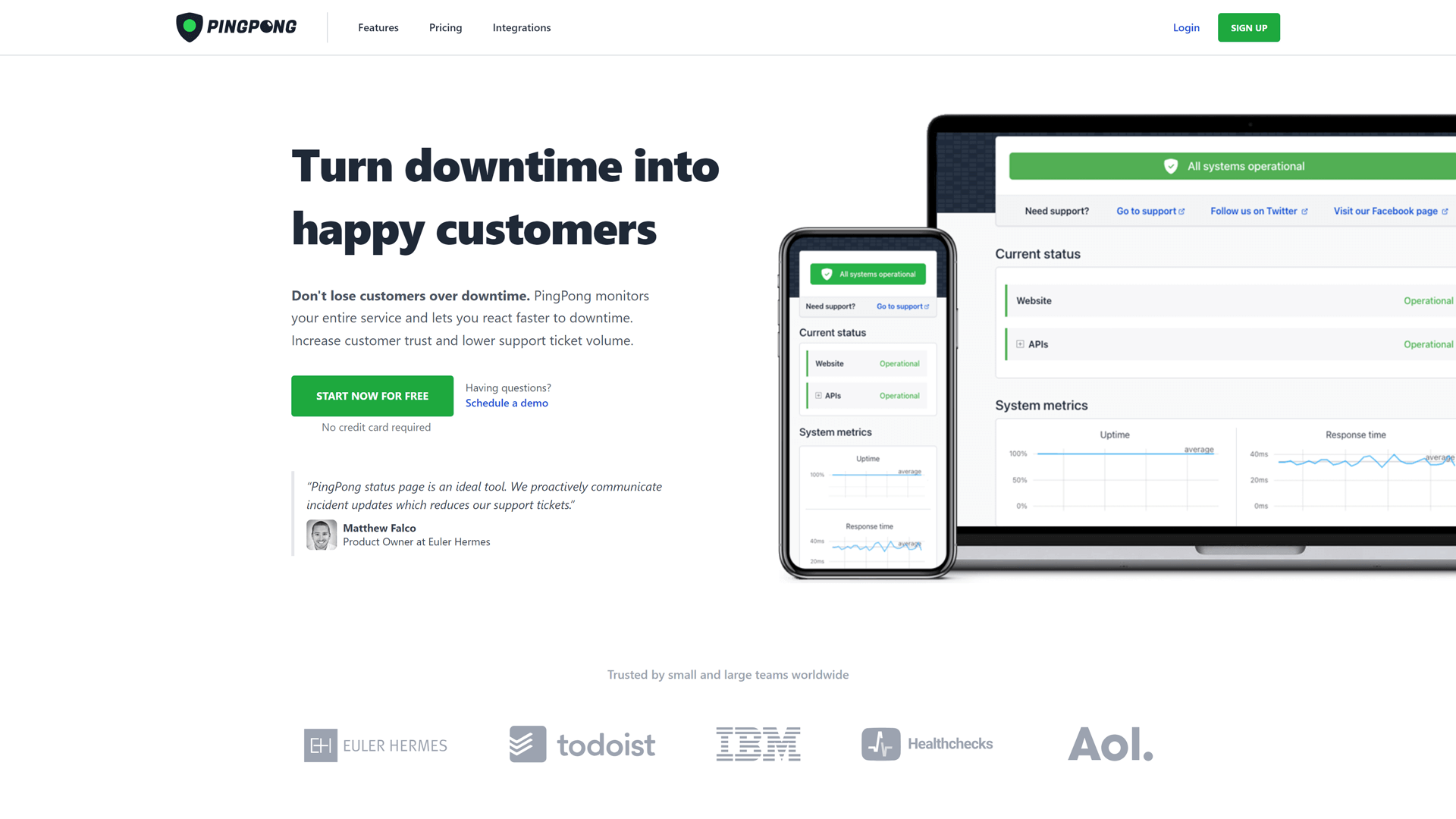 Screenshot of the home page of the PingPong status page platform