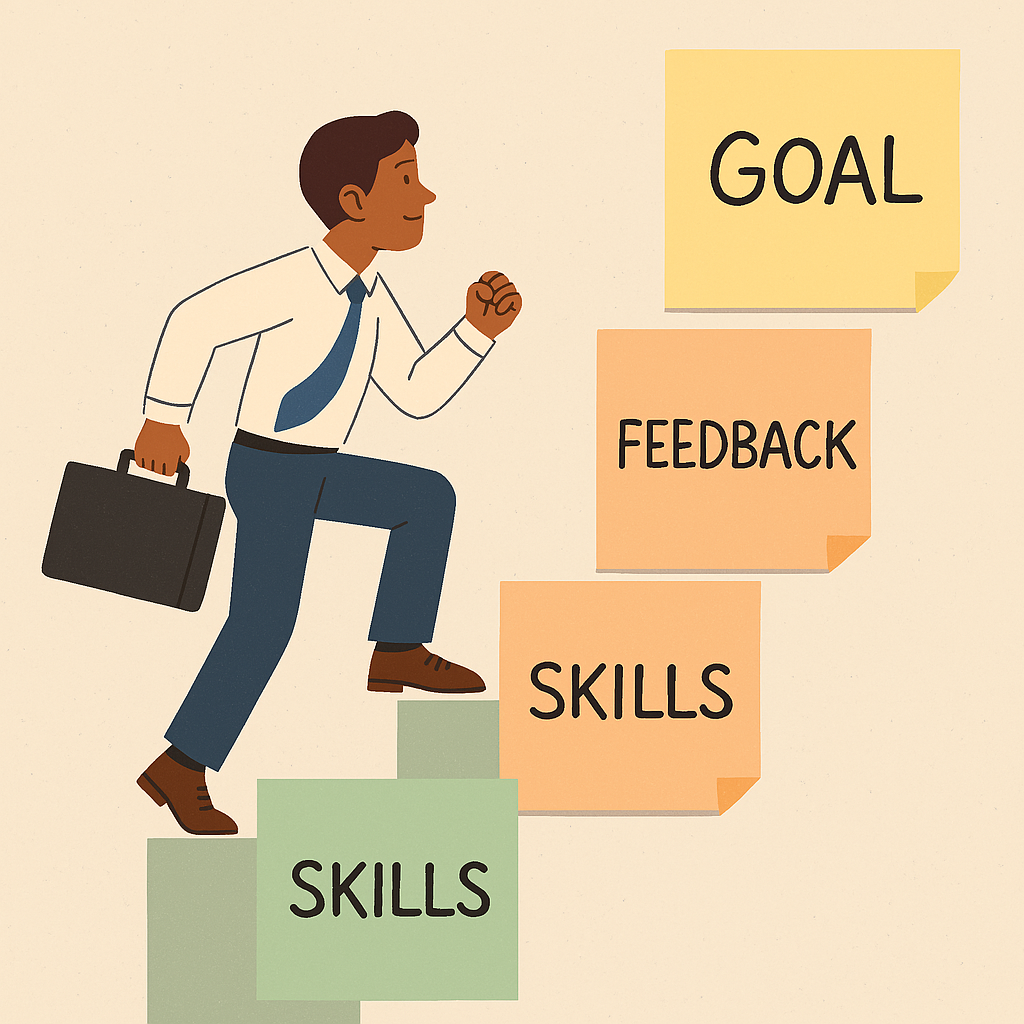 AI-generated image showing a person climbing a staircase made of sticky notes or stepping stones labeled “Goal,” “Skills,” “Feedback,” “Growth.”