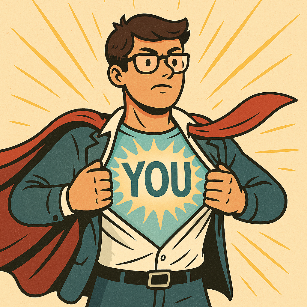AI-generated image showing a superhero version of a dev tearing open a shirt with a glowing 