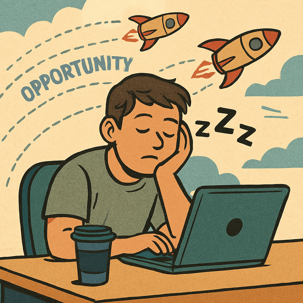AI-generated image showing a developer snoozing at a desk while opportunities (represented by rockets or paths) fly past in the background.