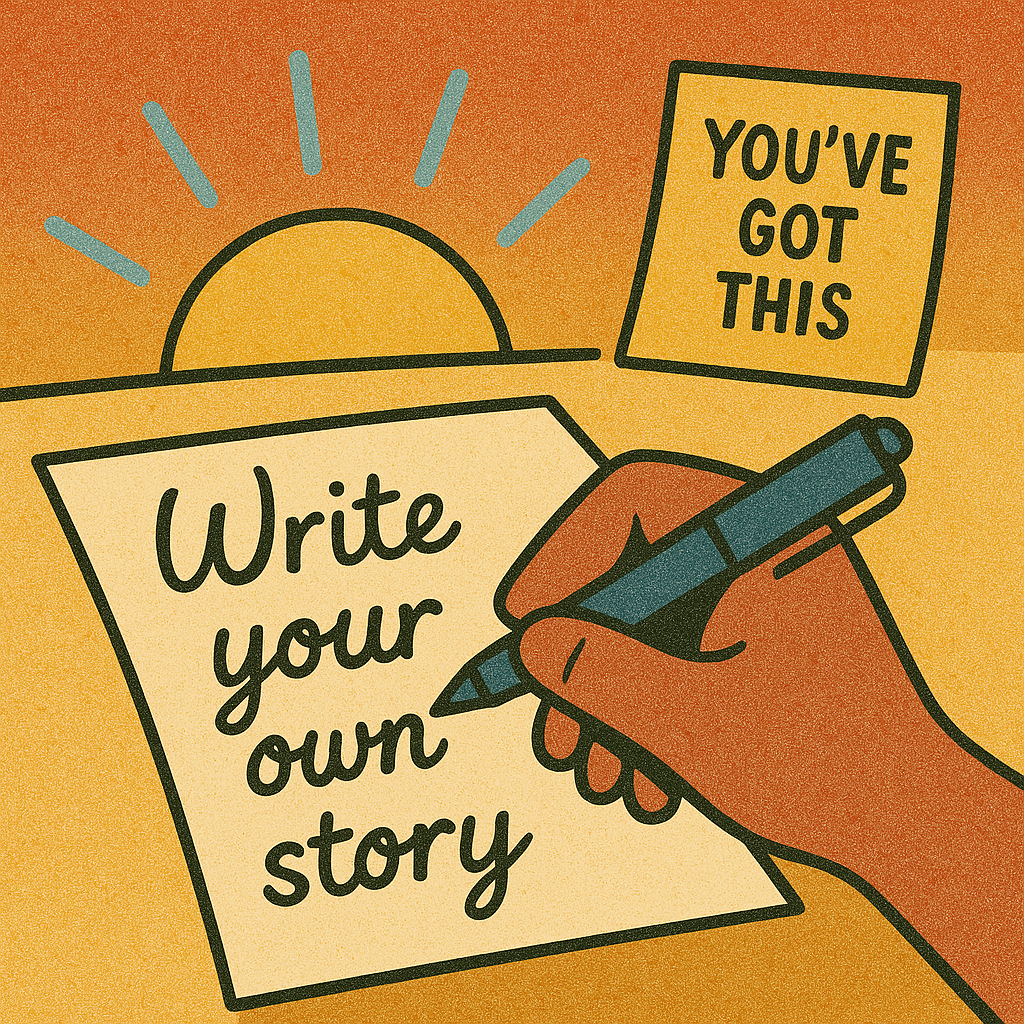 AI-generated image showing a pen in someone’s hand, writing their story, with a caption bubble: “Write your own story.”