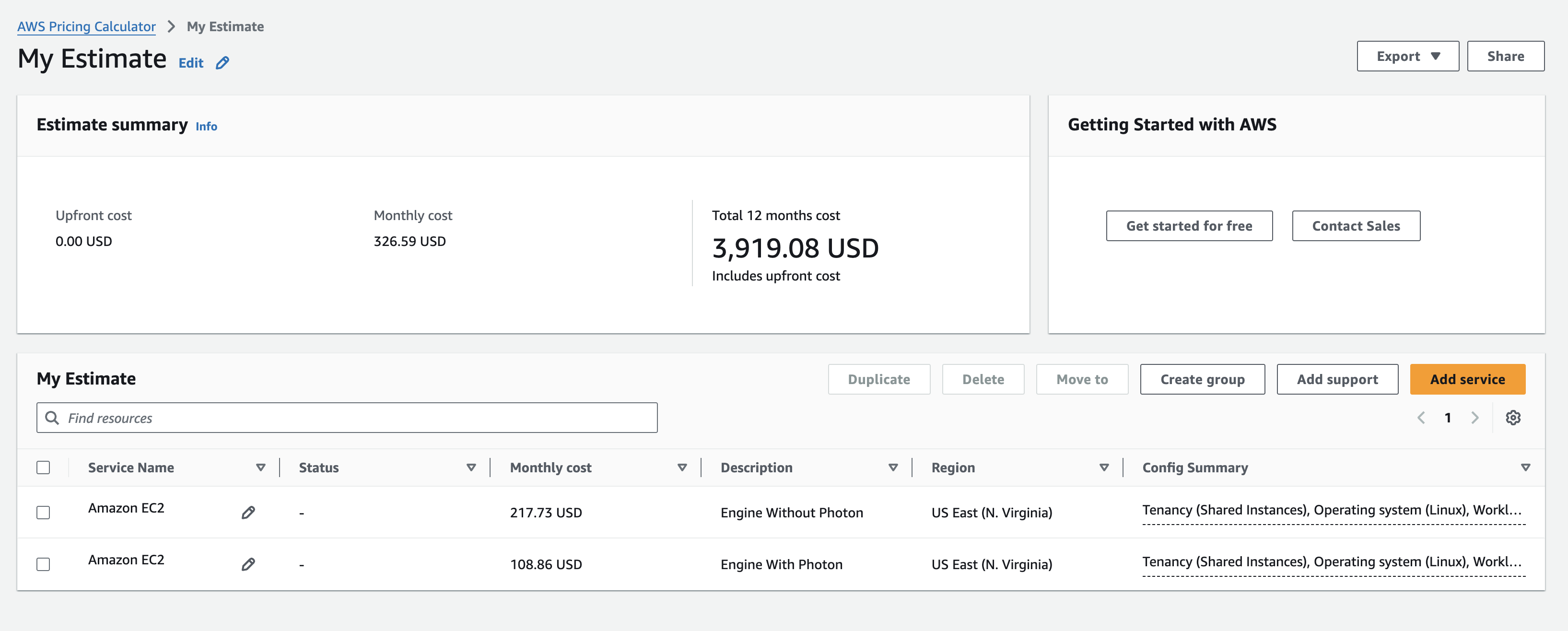 AWS Prices for Engines
