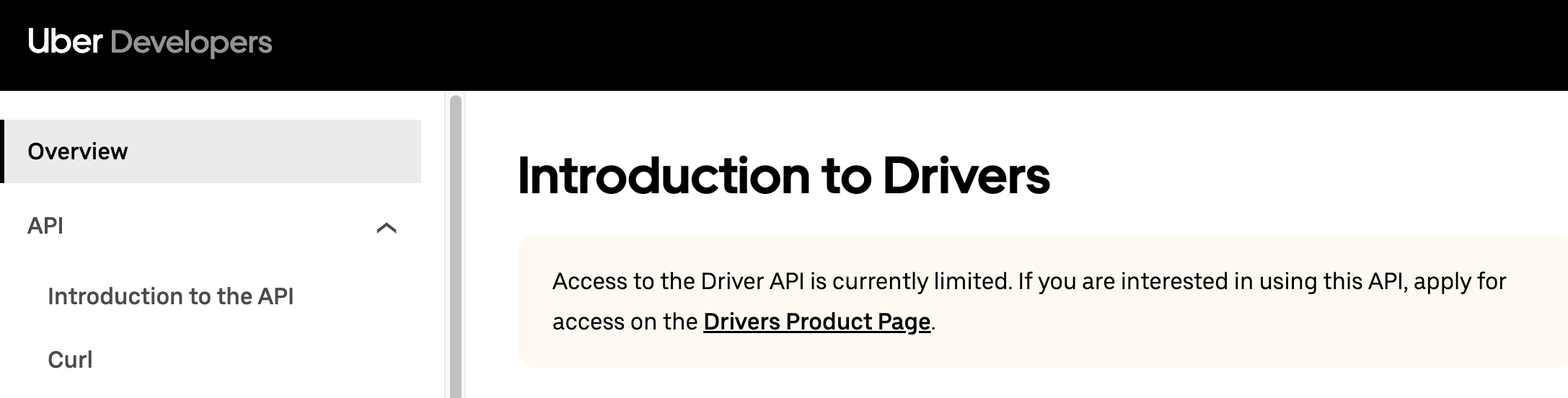 The Uber Driver API showing that the access to the API is 