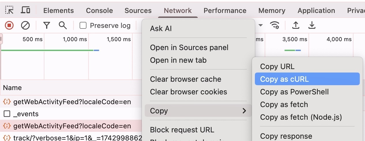 Showing the Copy > Copy as cURL menu option in the Google Chrome Developer Tools under the Network tab, in the context menu for a single request