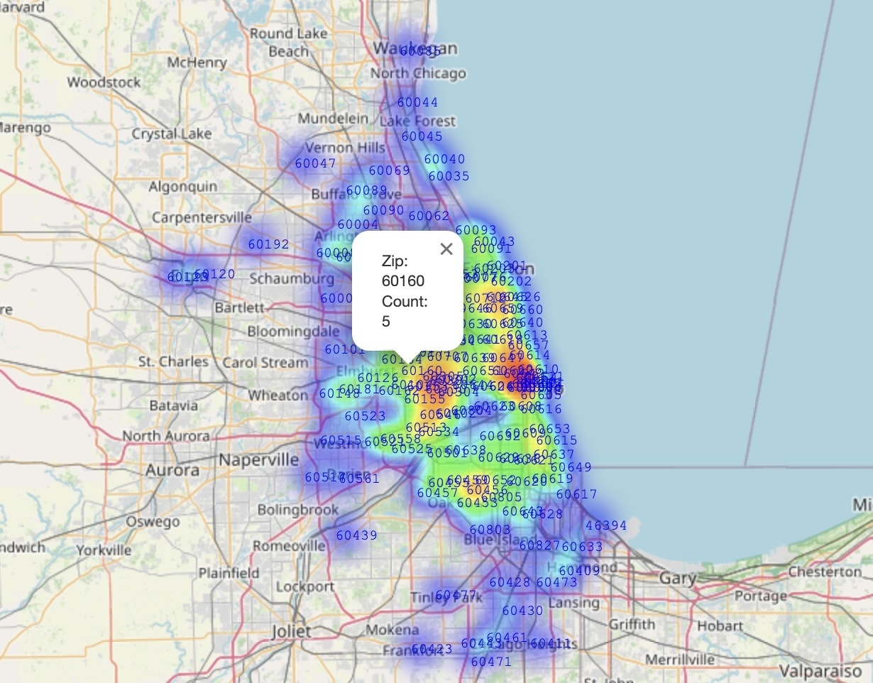 Folium Heatmap of the Chicago area showing which ZIP codes I picked up from or dropped off to