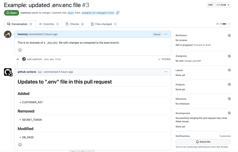 Compare changes to encrypted files without revealing secrets in a GitHub Actions pull request workflow!
