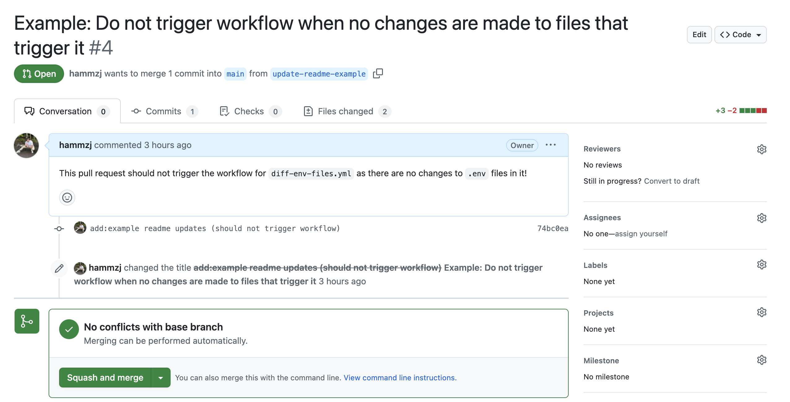 An example of a pull request with no actions run against it