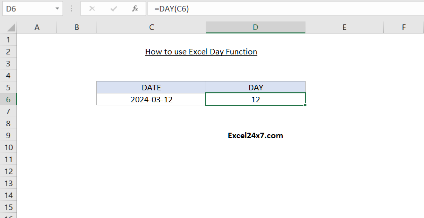 Example of DAY Function to extract day value from a cell having Date value