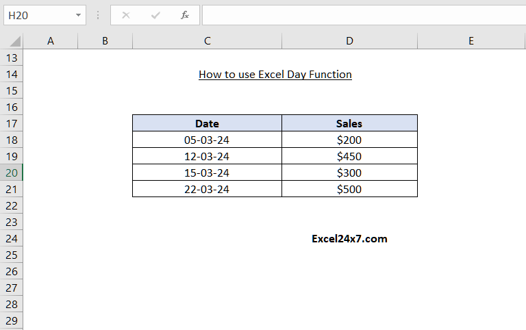 Example of DAY Function to sort sales data by day 