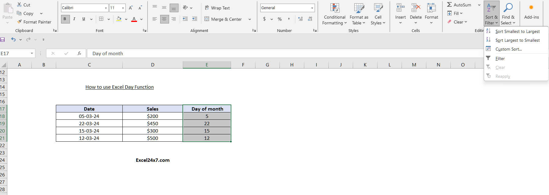Using Sort & Filter option to sort the sales based on the day number