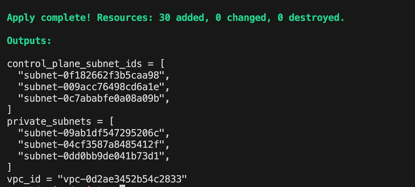 VPC creation output