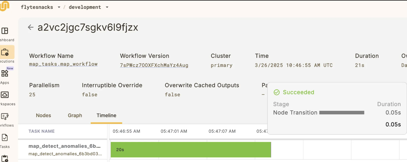 Union UI showing execution time for the map task defined above