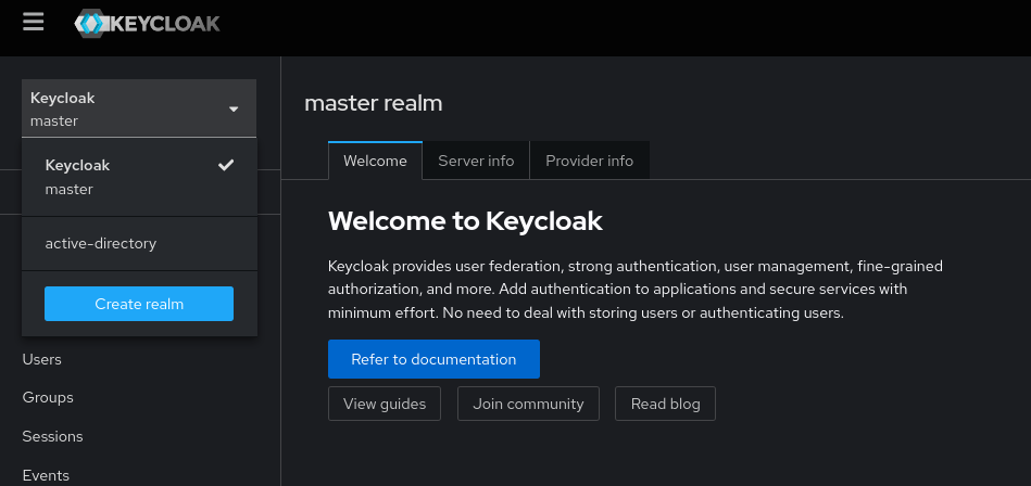 Keycloak landing page