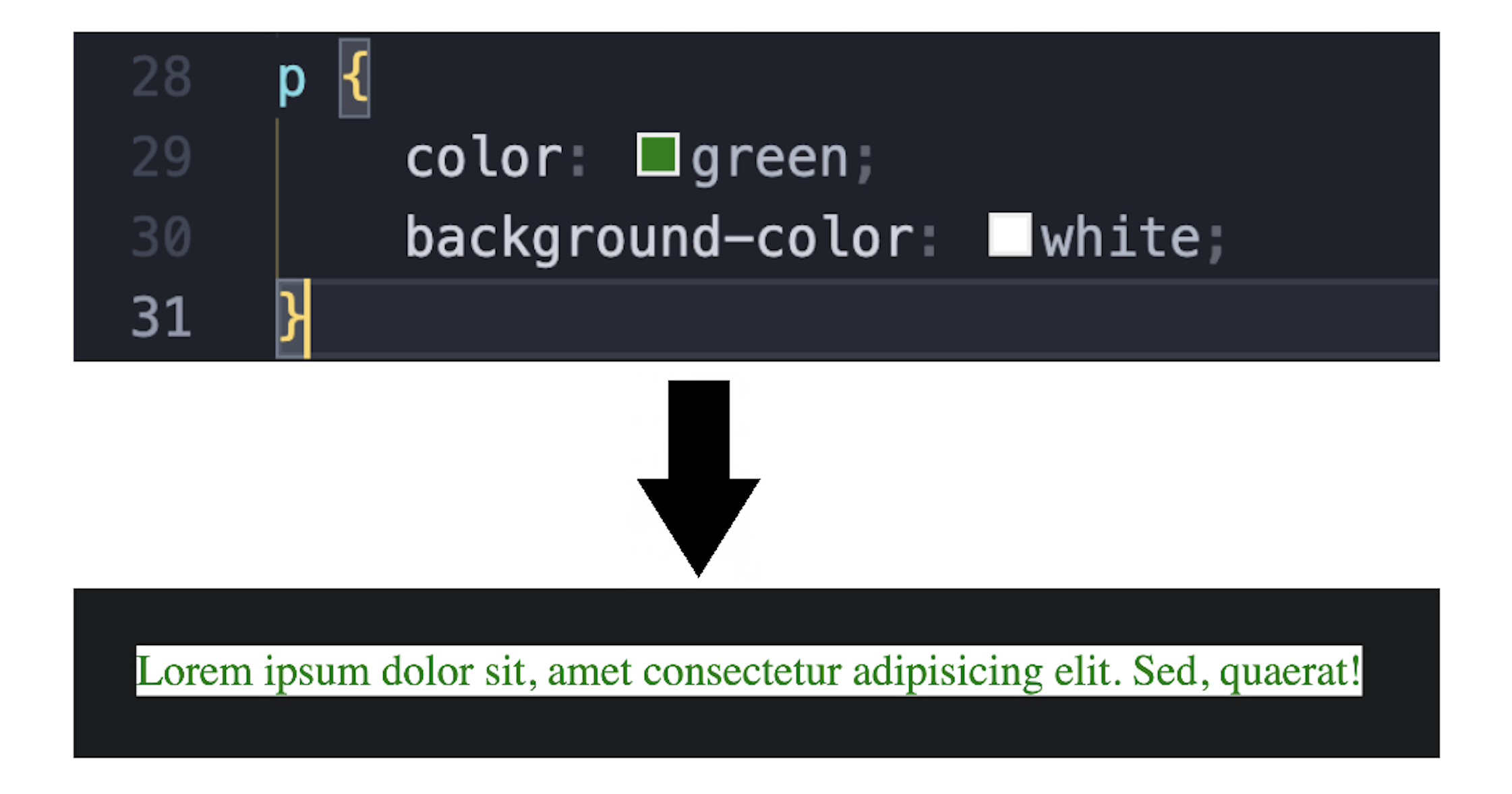 A screenshot of color win to the p element using an element selector