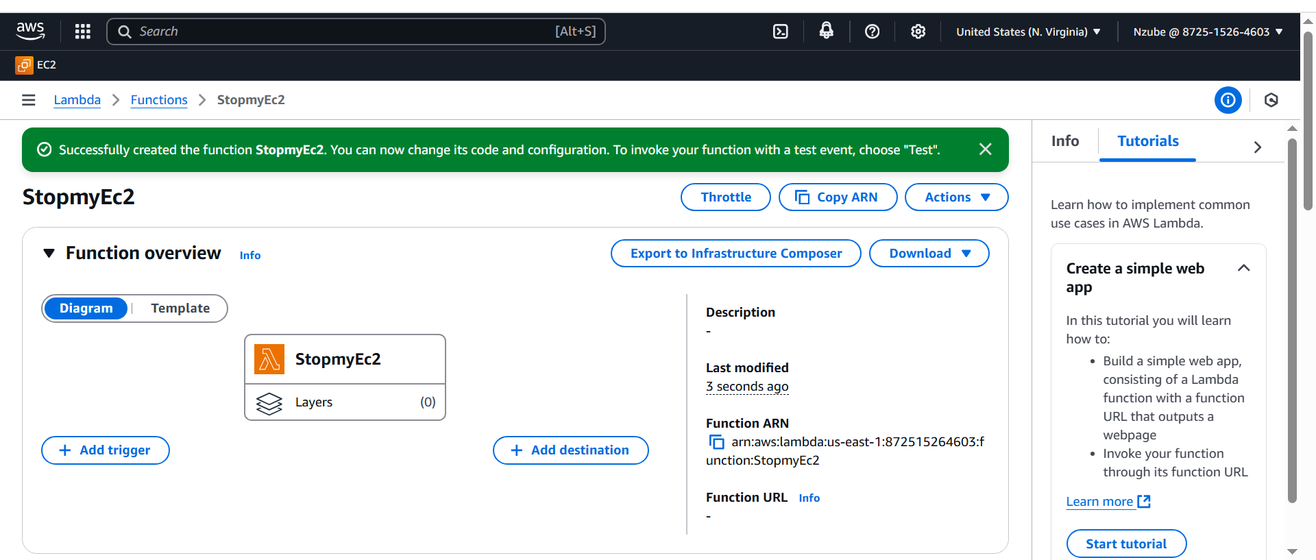 created lambda function
