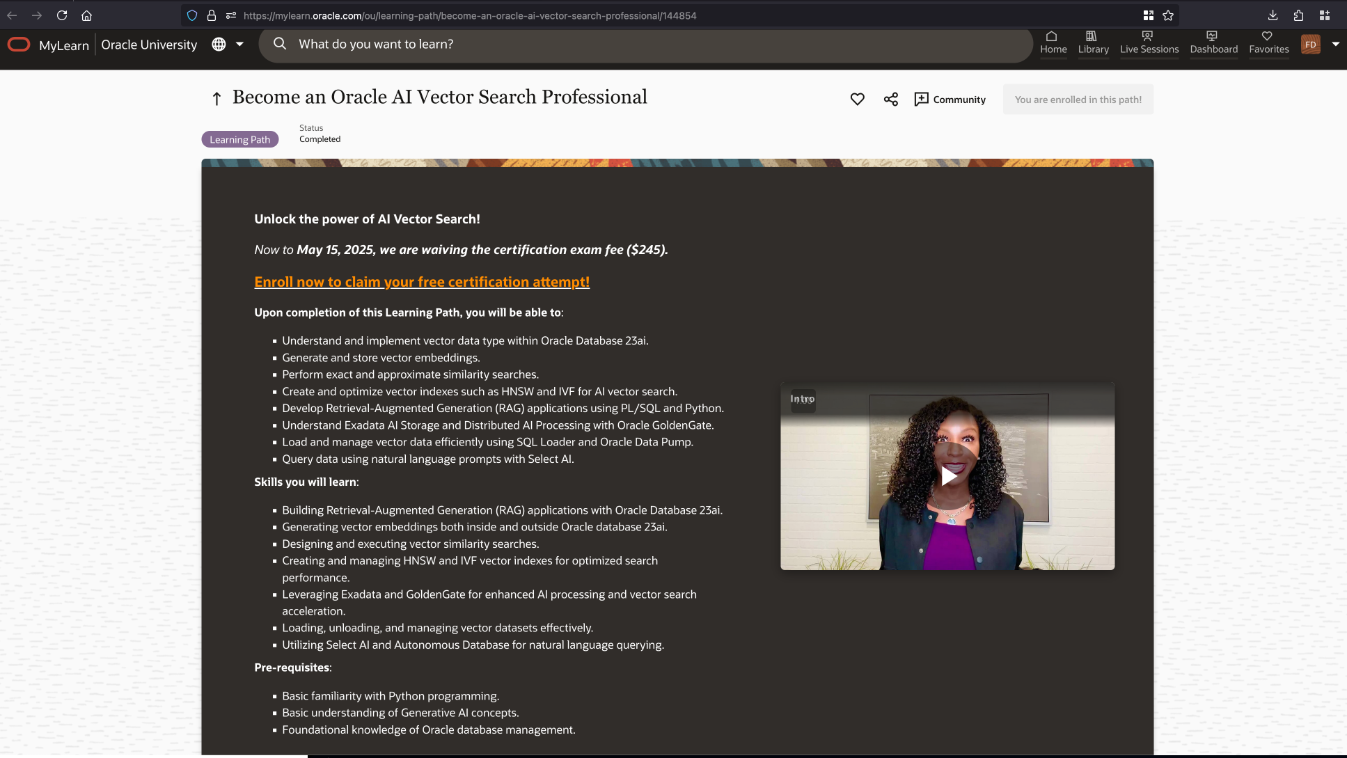 Screenshot of course page