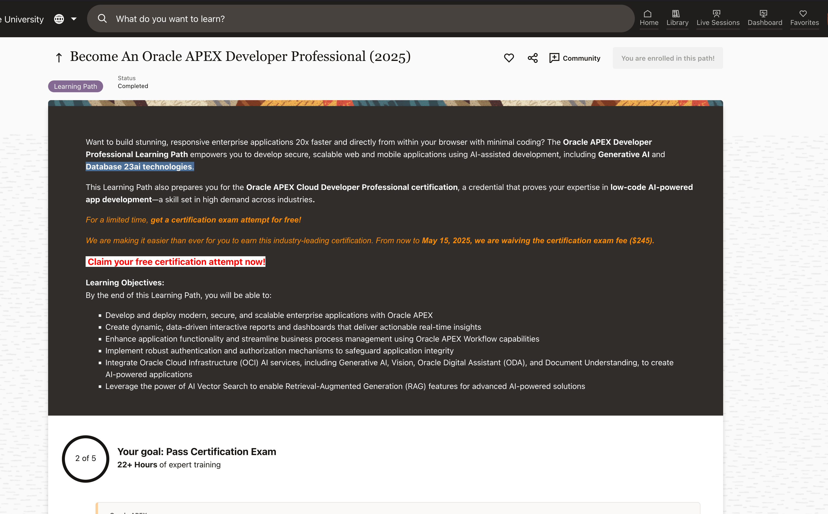 Screenshot of course page