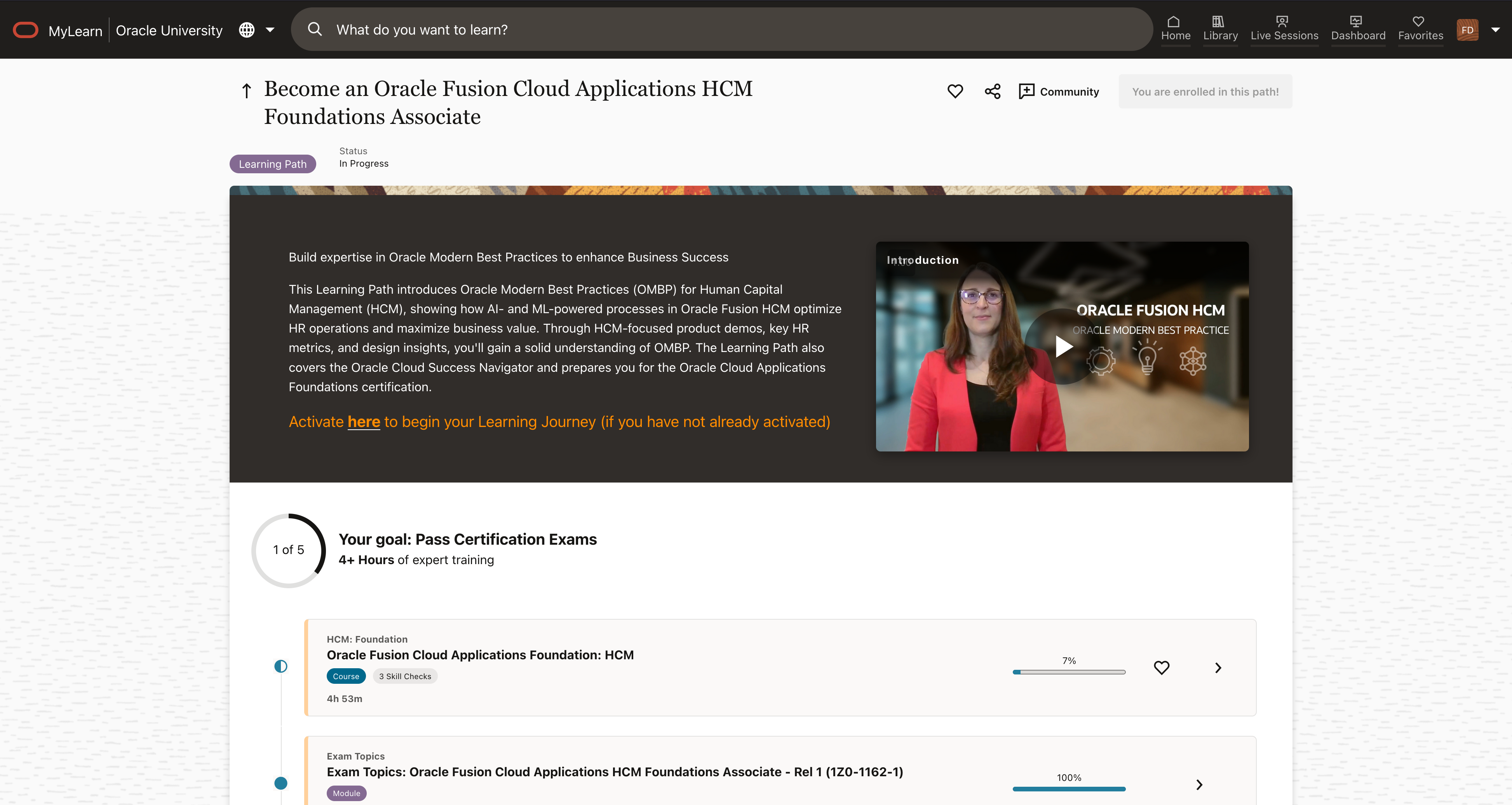 Screenshot of course page
