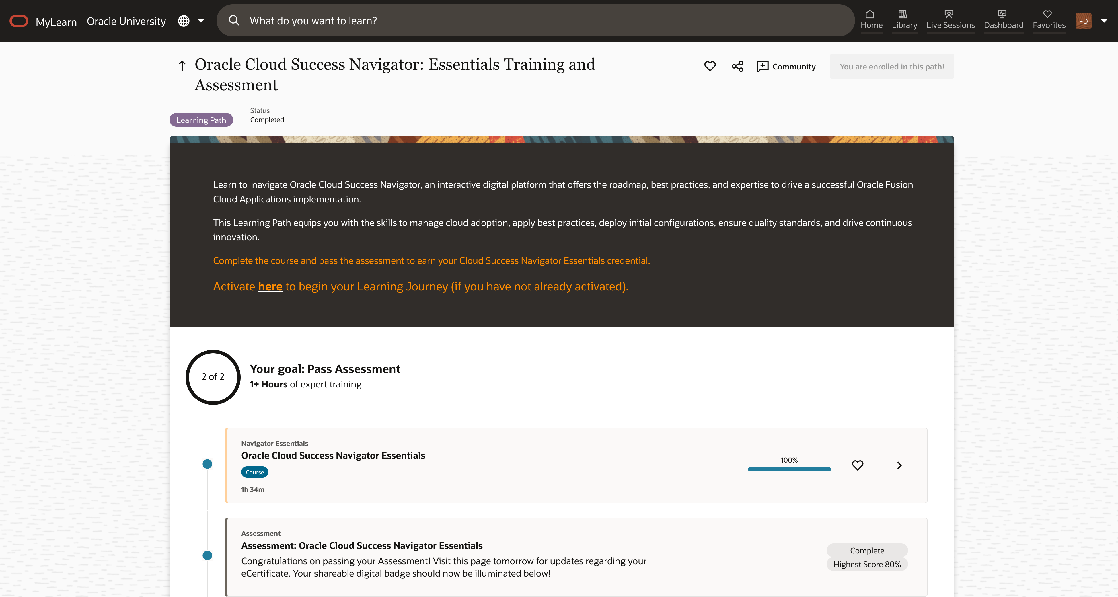 Screenshot of course page